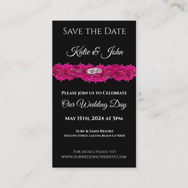 Fuchsia Orchids on Black- Wedding Save the Date- Visitenkarte (Vorderseite)