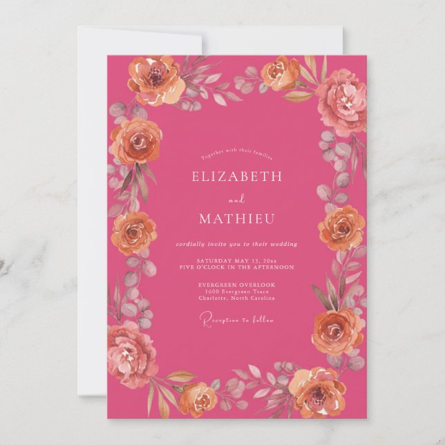 Fuchsia Pfirsich Aquarell Hochzeit Einladung (Vorderseite)