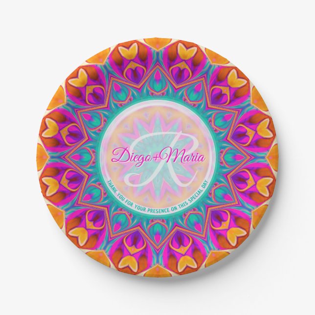 Fuchsia Pink Aqua Orange Party Mandala Monogram Pappteller (Vorderseite)