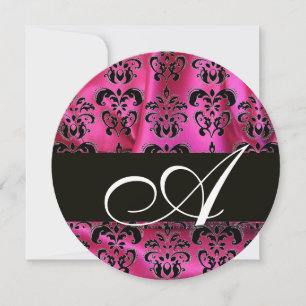FUCHSIA PINK BLACK DAMASK CLOTH MONOGRAM Circle Einladung