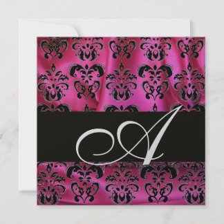 FUCHSIA PINK BLACK DAMASK CLOTH MONOGRAMM Silber Einladung