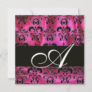 FUCHSIA PINK BLACK DAMASK CLOTH MONOGRAMM, weiß Einladung