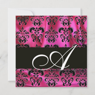 FUCHSIA PINK BLACK DAMASK CLOTH MONOGRAMM, weiß Einladung
