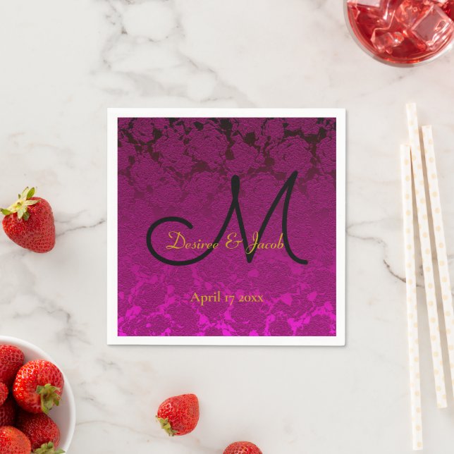 Fuchsia Pink Black Gold Elegante Wedding Monogram Serviette (Beispiel)