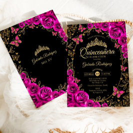 Fuchsia Pink Black Gold Quinceanera Einladung