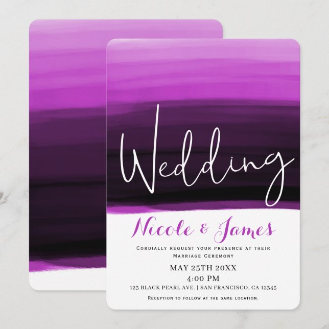 Fuchsia Pink Black Watercolor Modern Glam Wedding Einladung (Vorne/Hinten)