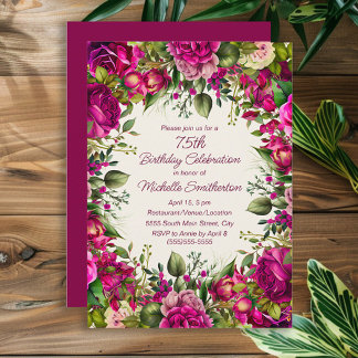 Fuchsia Pink Blumengrün Blätter 75. Geburtstag Einladung