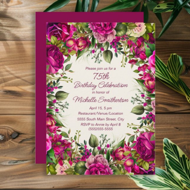Fuchsia Pink Blumengrün Blätter 75. Geburtstag Einladung (Fuchsia and pink watercolor floral 75th birthday party invitation)