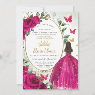 Fuchsia Pink Blumenkleid Quinceañera Dama Request Einladung