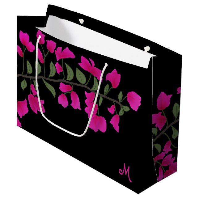 Fuchsia Pink Bougainvillea Monogram-Geschenktasche Große Geschenktüte (Vorderseite Schrägansicht)