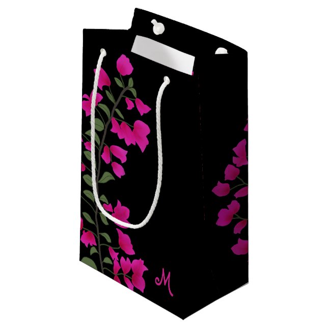 Fuchsia Pink Bougainvillea Monogram-Geschenktasche Kleine Geschenktüte (Vorderseite Schrägansicht)