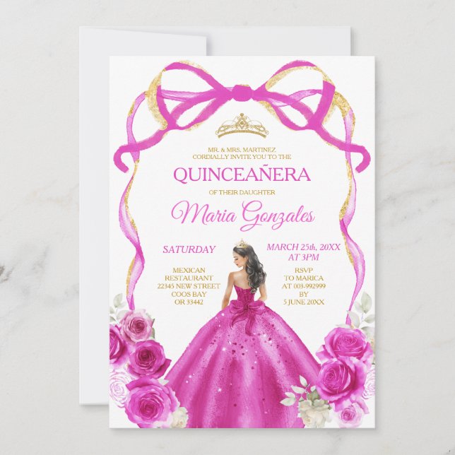 Fuchsia Pink Bow Princess Gold Crown Quinceañera Einladung (Vorderseite)
