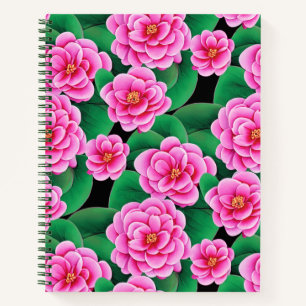 Fuchsia Pink Camellias und Green Blätter Journal Notizbuch
