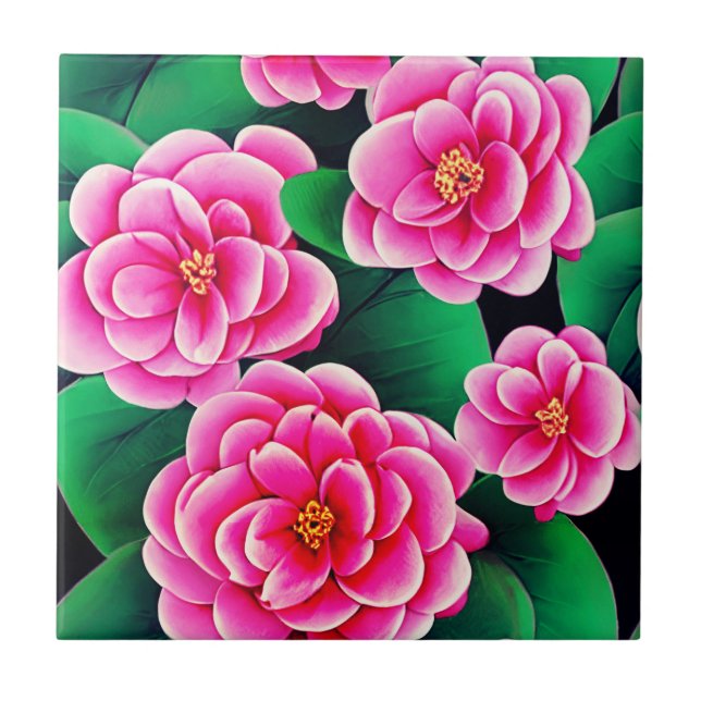 Fuchsia Pink Camellias und Jade Green Blätter Fliese (Vorderseite)