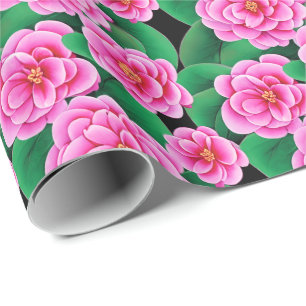 Fuchsia Pink Camellias und Jade Green Blätter Geschenkpapier