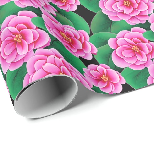 Fuchsia Pink Camellias und Jade Green Blätter Geschenkpapier (Rolleneckpunkt)