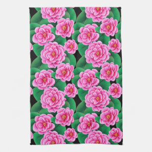 Fuchsia Pink Camellias und Jade Green Blätter Geschirrtuch