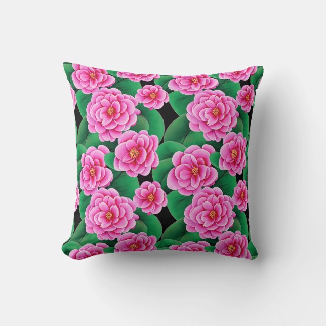 Fuchsia Pink Camellias und Jade Green Blätter Kissen (Vorderseite)