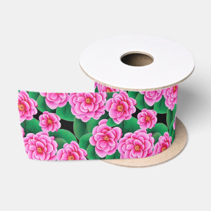 Fuchsia Pink Camellias und Jade Green Blätter Satinband