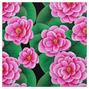 Fuchsia Pink Camellias und Jade Green Blätter Stoff