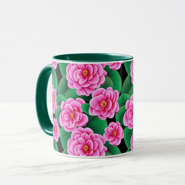 Fuchsia Pink Camellias und Jade Green Blätter Tasse (Vorderseite Links)