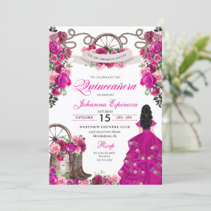 Fuchsia Pink Cowgirl Western Charro Quinceanera Einladung