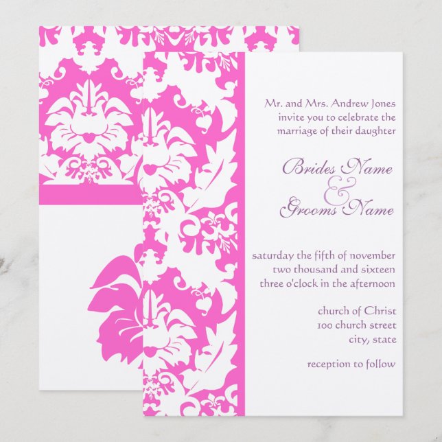 Fuchsia Pink Damask Hochzeitseinladungen Einladung (Vorne/Hinten)