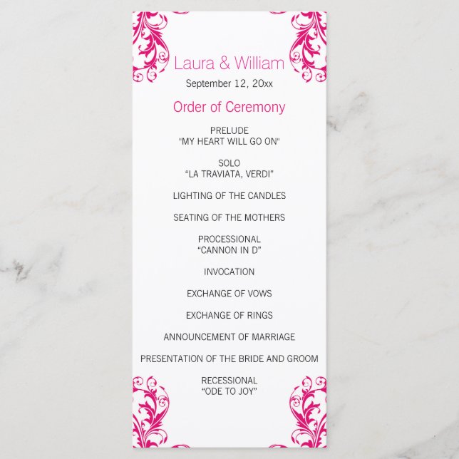 Fuchsia Pink Damask Hochzeitsprogramm Programm (Vorderseite)