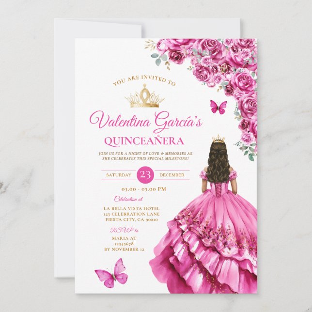 Fuchsia Pink Dress Quinceañera 15 Anos Floral Gold Einladung (Vorderseite)