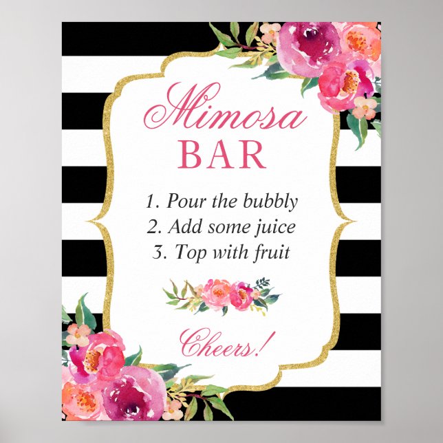 Fuchsia Pink Floral Brautparty Mimosa Bar Sign Poster (Vorne)