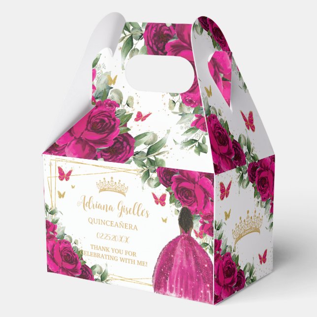 Fuchsia Pink Floral Brown Girl Sweet Quinceañera Geschenkschachtel (Vorderseite)