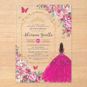 Fuchsia Pink Floral Gold Quinceañera Sweet 16 XV Acryleinladungen