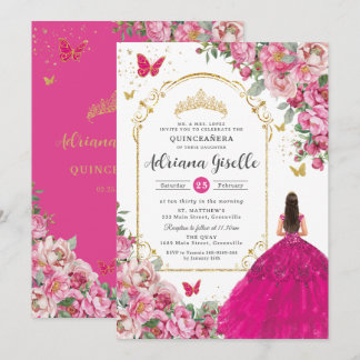Fuchsia Pink Floral Gold Quinceañera Sweet 16 XV Einladung