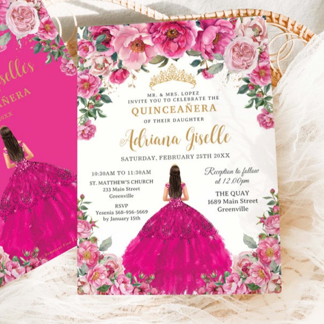 Fuchsia Pink Floral Gold Quinceanera XV Sweet 16 Einladung (Von Creator hochgeladen)