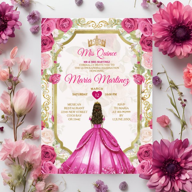Fuchsia Pink Floral mexikanische Prinzessin Quiñce Einladung (Von Creator hochgeladen)