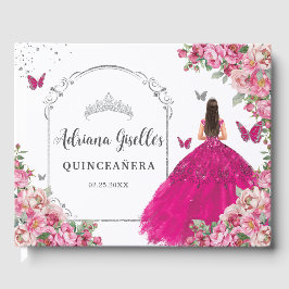 Fuchsia Pink Floral Prinzessin Silver Quinceanera Gästebuch