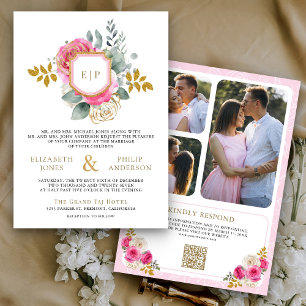Fuchsia Pink Floral QR Code Foto Wappen Hochzeit Einladung