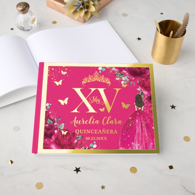 Fuchsia Pink Floral Quinceañera Quince 15 XV Gold Gästebuch (Vorderseite offen)
