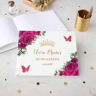 Fuchsia Pink Floral Quinceanera Sweet 16 Birthday Gästebuch