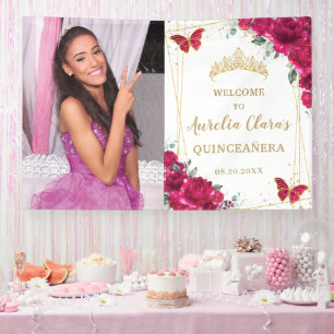 Fuchsia Pink Floral Quinceñera Herzlicher Empfang Banner