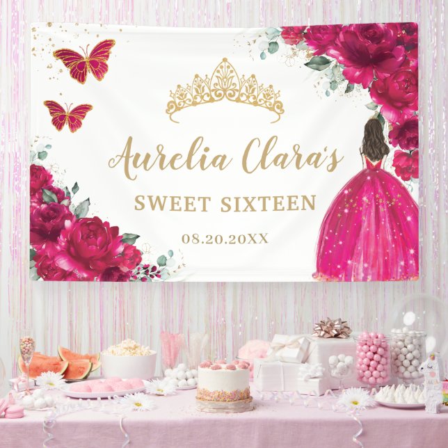 Fuchsia Pink Floral Quinceñera Sweet 16 Hintergrun Banner (Party)