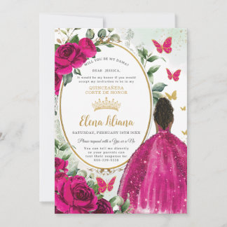 Fuchsia Pink Floral Rose Quinceañera Dama Request Einladung