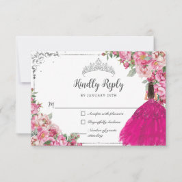 Fuchsia Pink Floral Silver Prinzessin Quinceanera RSVP Karte