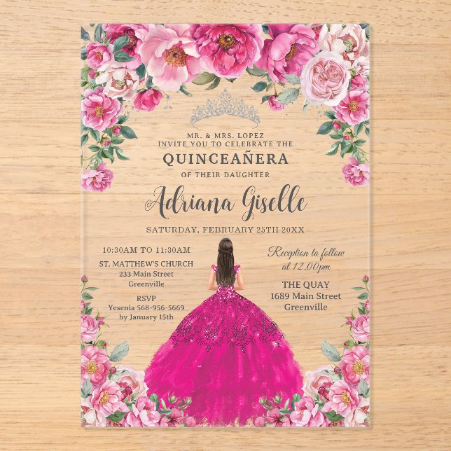 Fuchsia Pink Floral Silver Quinceanera XV Birthday Acryleinladungen (Vorderseite)