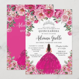 Fuchsia Pink Floral Silver Quinceanera XV Sweet 16 Einladung