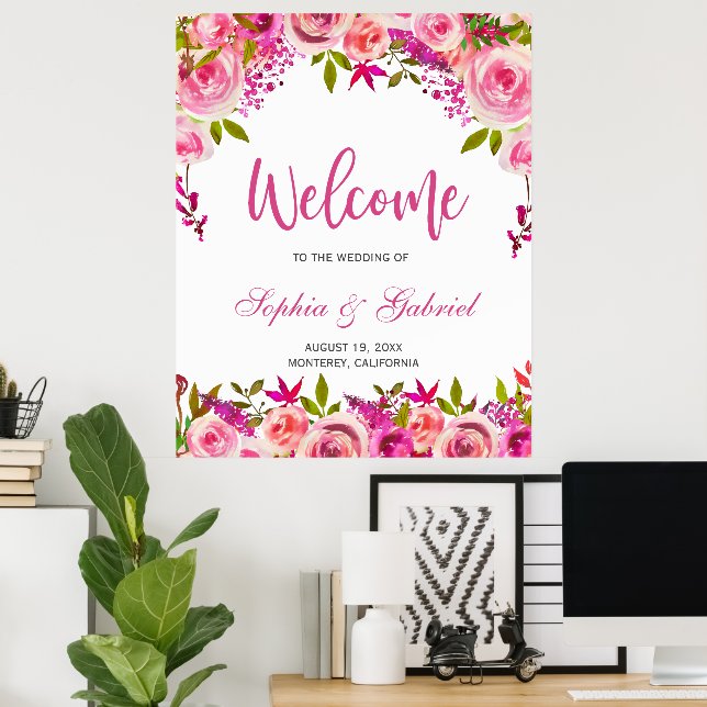 Fuchsia Pink Floral Wedding Welcome Poster (Heimbüro)