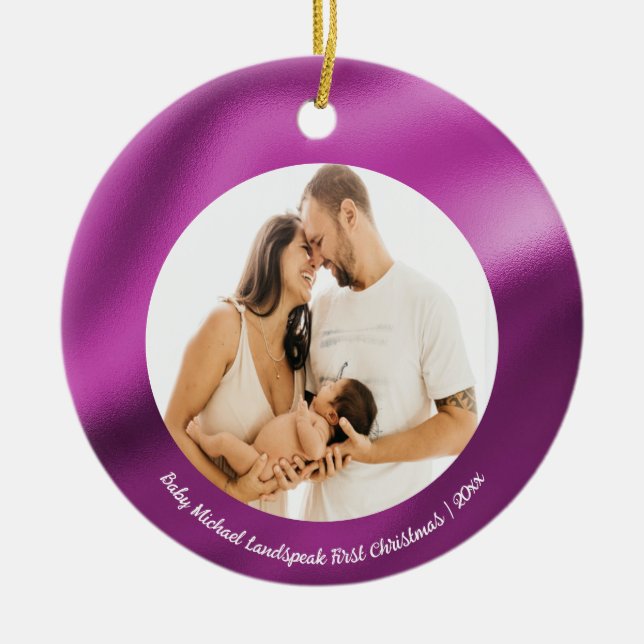 Fuchsia Pink Foil, Baby 1. Weihnachten Keramik Ornament (Vorne)