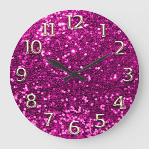 Fuchsia Pink Glitter Arabic Numbers Champaigne Große Wanduhr