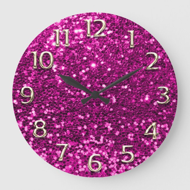 Fuchsia Pink Glitter Arabic Numbers Champaigne Große Wanduhr (Vorderseite)