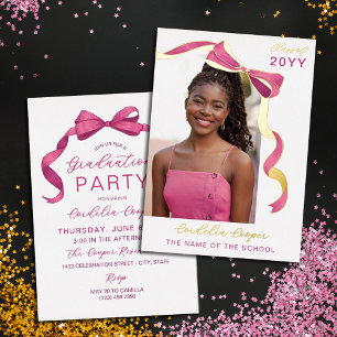 Fuchsia Pink Gold Bow Foto Foil Abschluss Folieneinladung
